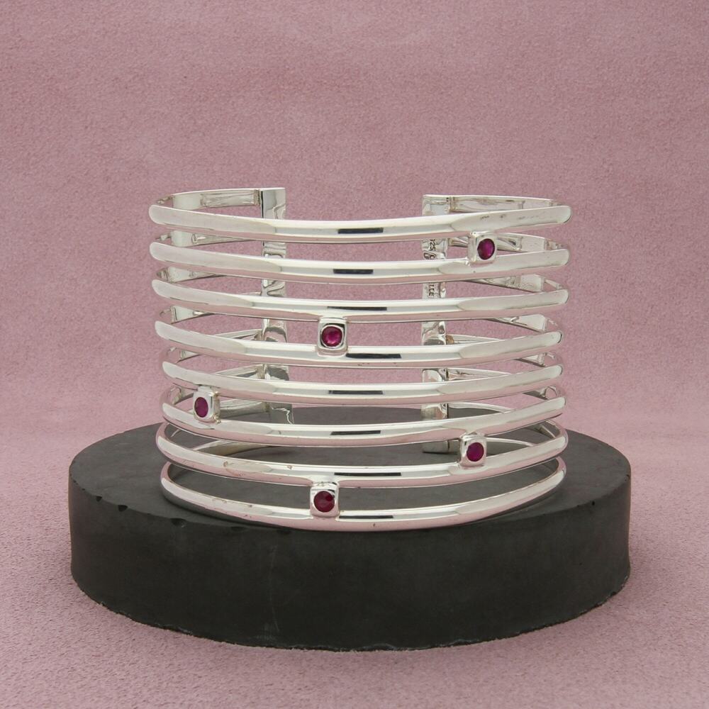 Sterling Silver Wide Ruby Statement Cuff Bracelet… - image 1